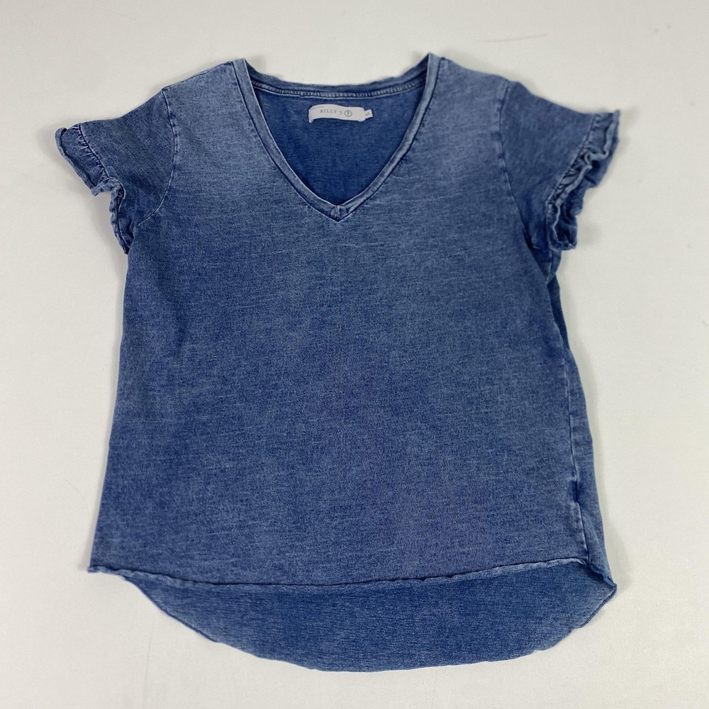 Billy T Shirt Womens Small Blue Ruffle Sleeve V Neck Cotton Casual Soft Top